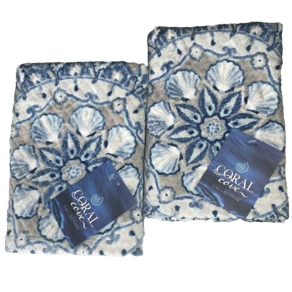 Coral Cove Shell Medallion Plush Hand Towels Set of 2 Beach Summer House Blue